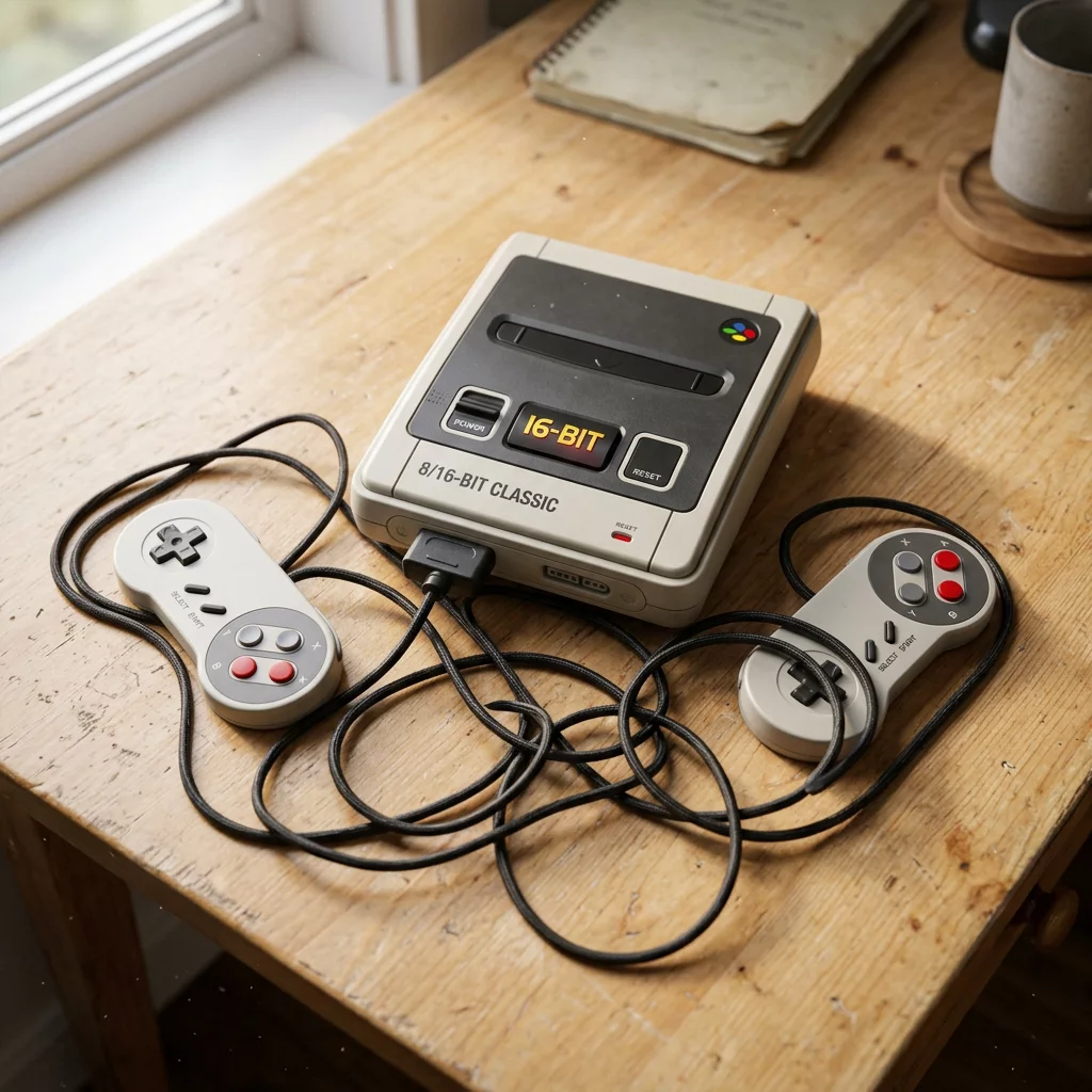 Classic gaming consoles and controllers